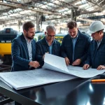 Engineers collaborating on railroad engineering designs in a busy railway yard.
