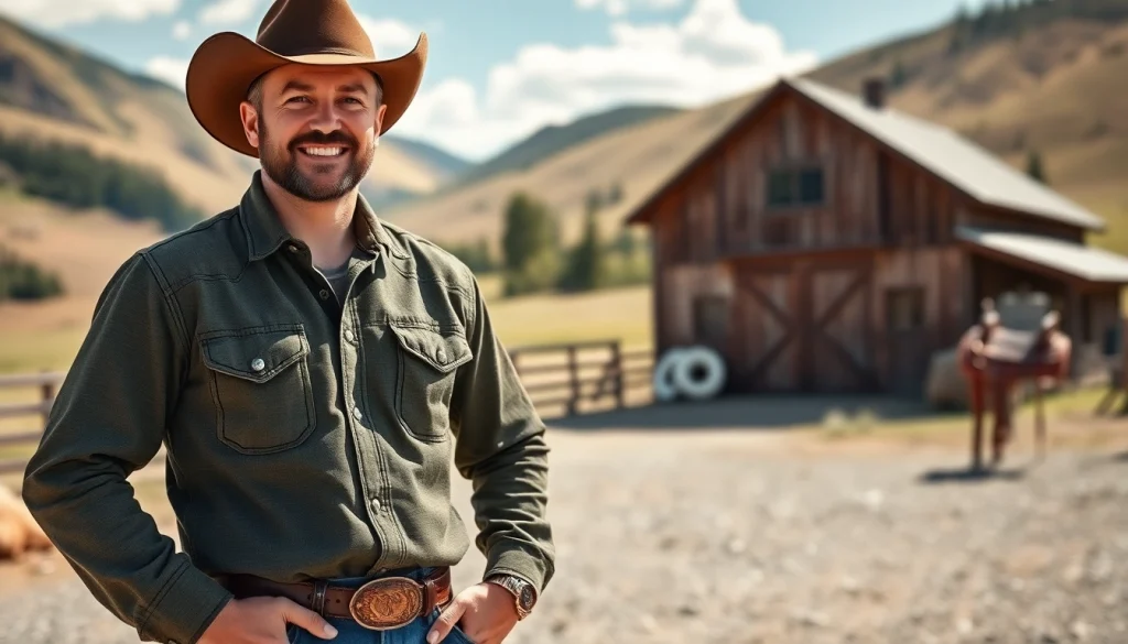 A rancher dressed in stylish ranch wear Canada confidently poses in a beautiful outdoor setting.