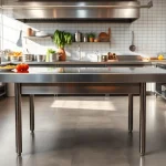 Stainless steel table displayed prominently in a bright commercial kitchen environment.