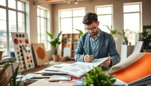 Projektant wnętrz tworzy nowe aranżacje w jasnym biurze.