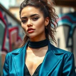 Showcasing stylish outfits in Fashion and Apparel against vibrant urban street art.