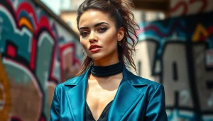 Showcasing stylish outfits in Fashion and Apparel against vibrant urban street art.