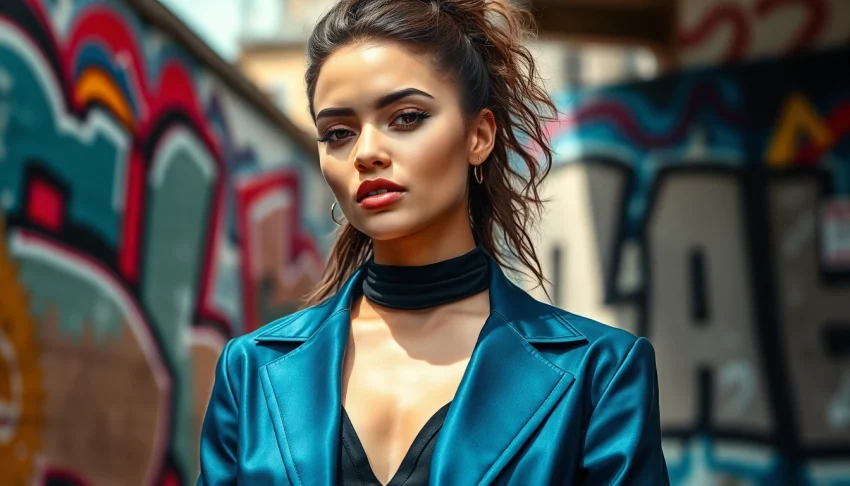 Showcasing stylish outfits in Fashion and Apparel against vibrant urban street art.