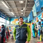 Ski shop showcasing a range of gear and equipment with vibrant displays and friendly customer service.