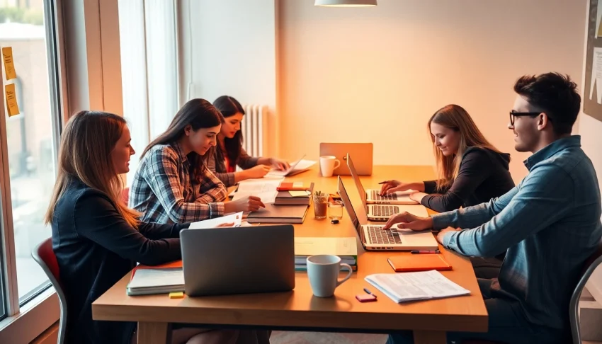 Engaging students collaborating on exam assistance services preparation with vibrant study materials.