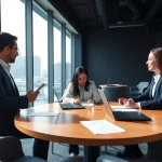 Agents strategizing on debt collection uk methods in a bright, modern office.
