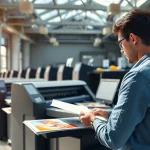 Showcasing custom print shop edmonton with cutting-edge printers and vibrant print samples.