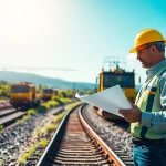 Engineer overseeing railroad engineering project with machinery and tracks.