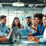Professionals collaborating using ai tools in a modern office environment.