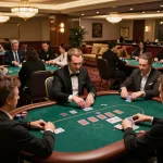 Thehiddenwiki poker game in an upscale casino with engaged players and a dealer, showcasing strategic gameplay.
