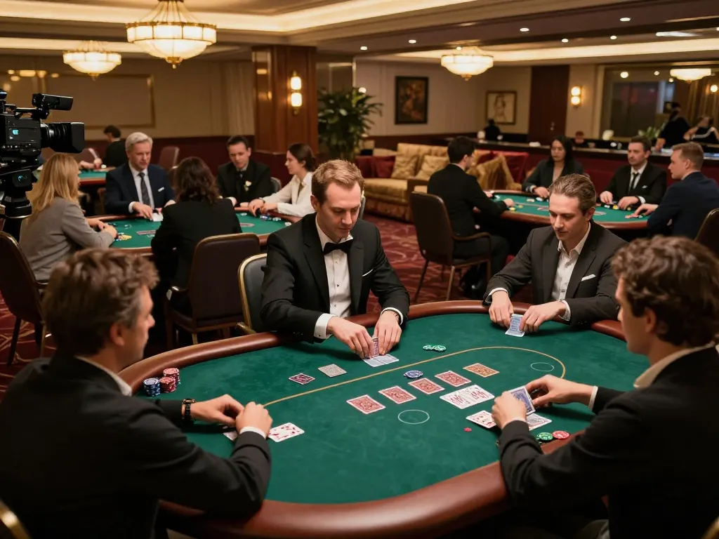 Thehiddenwiki poker game in an upscale casino with engaged players and a dealer, showcasing strategic gameplay.