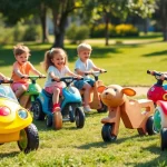 Children play joyfully with various ride on toys in a bright playground.
