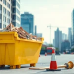 Efficient skip hire services illustrated with a bright yellow skip filled with debris in a bustling city.