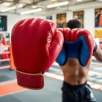 MMA gloves showcased during training in a vibrant gym environment with a fighter.