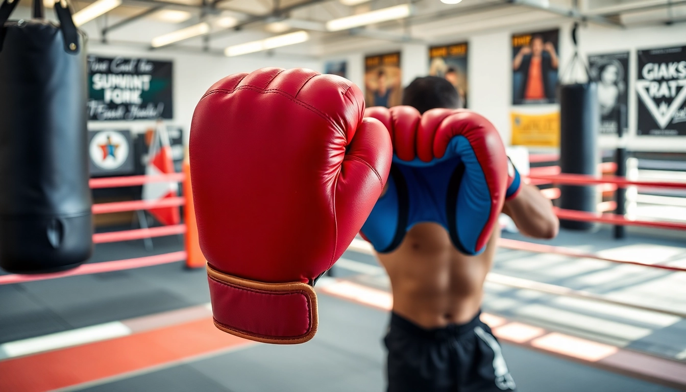 MMA gloves showcased during training in a vibrant gym environment with a fighter.