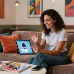 A lively scene of a young woman engaging with an AI slut chatbot on her tablet, showcasing modern digital interactions in a cozy urban lounge.