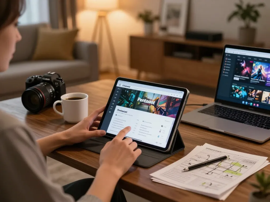 Engaging with link pentaslot on tablet in a cozy home gaming setup.