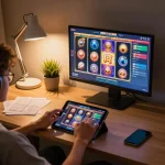 Engaging with สล็อตวอเลท on a tablet, cozy and stylish home gaming setup with strategic notes.