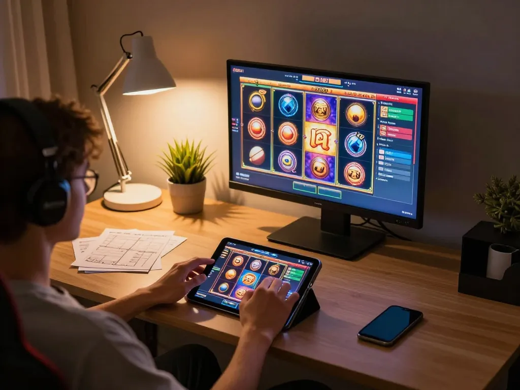 Engaging with สล็อตวอเลท on a tablet, cozy and stylish home gaming setup with strategic notes.