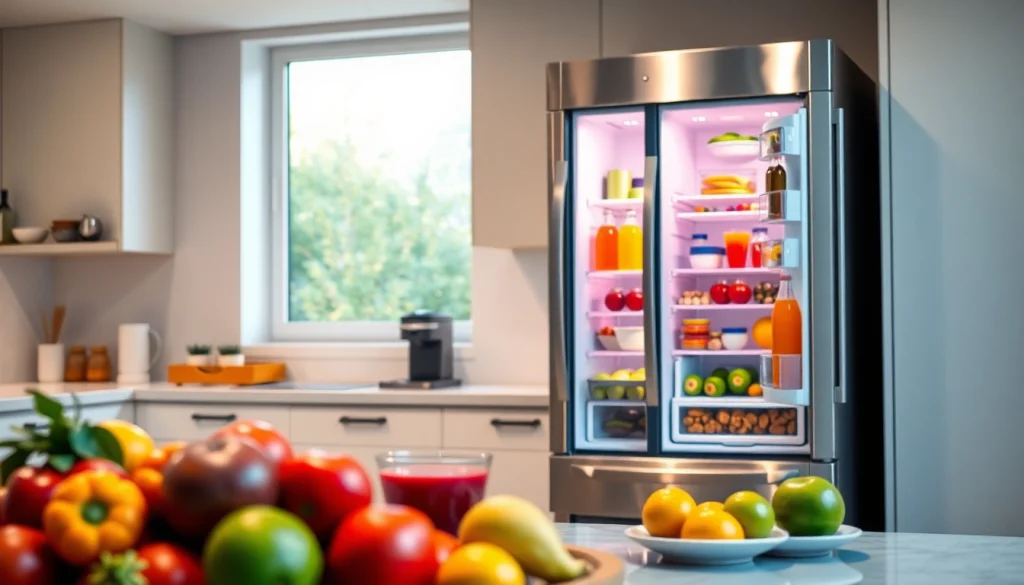 Refrigerator showcasing fresh foods and drinks in a modern kitchen setting.