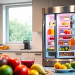 Refrigerator showcasing fresh foods and drinks in a modern kitchen setting.