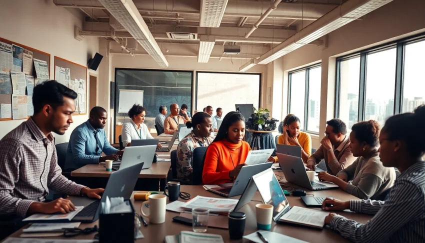 Engaged journalists collaborating on Kenya News Today in a lively newsroom.