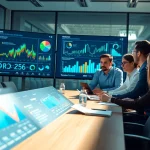 Analysts using AI for competitive intelligence insights in a modern office.