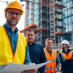 Commercial building developer collaborating on a construction project at a dynamic urban site.