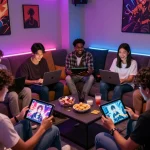 Engaging group playing free porn games in a lively gaming lounge setting, vibrant colors and technology enhance the experience.
