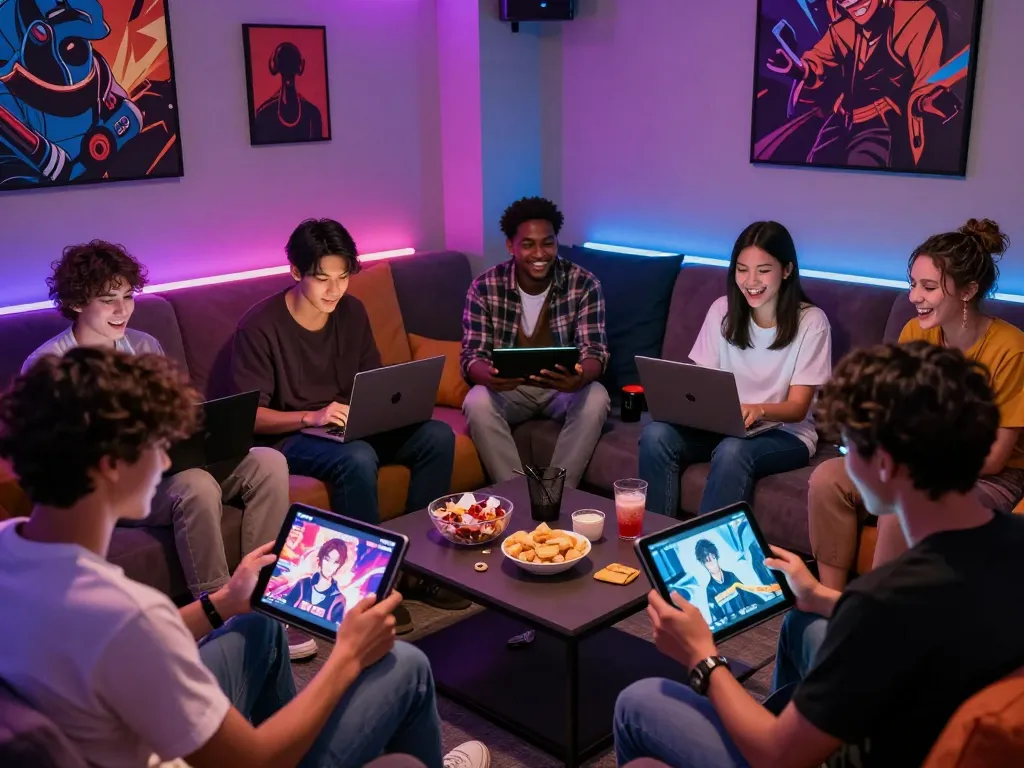 Engaging group playing free porn games in a lively gaming lounge setting, vibrant colors and technology enhance the experience.