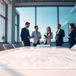 Engaging architectural consultation Boston with architects reviewing plans in a modern office setting.