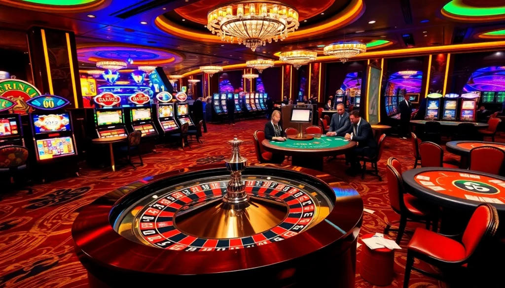 LC88 showcases a vibrant casino scene with a roulette wheel, slot machines, and engaged players.