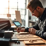 Crafting intricate custom laser designs with precision in a modern workshop.