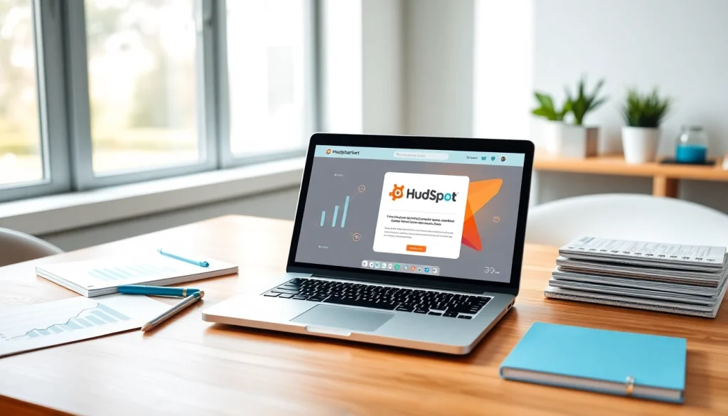 Design innovative content with a hubspot marketing email template displayed on a laptop amidst creative tools.