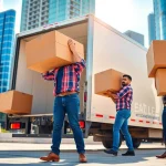 Movers Edmonton team efficiently loading a truck with boxes in a vibrant urban setting.