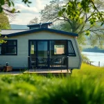 Beautiful Static Caravans displayed in a serene countryside landscape with lush greenery.