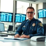 View of a law enforcement officer handling orange county jail inmate booking information in a busy administrative office.