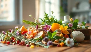 Proizvodi prirodna kozmetika sa biljnim sastojcima na drvenoj površini.