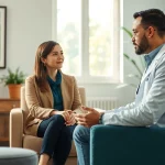 Engaging psychiatric treatment in India session between a psychiatrist and patient in a serene office.