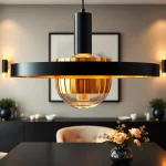 Illuminating black and gold light fixture brightening a chic dining space with elegance.