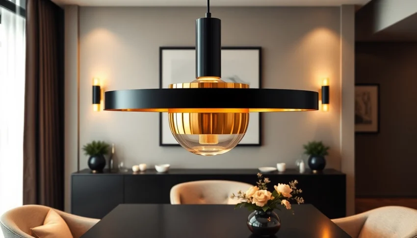 Illuminating black and gold light fixture brightening a chic dining space with elegance.