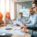 Efficient US tax filing session with a financial advisor explaining documents to clients.