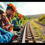 Railroad Engineering team inspecting railway track with safety gear.