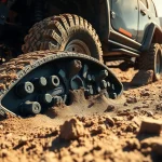 Recovery Boards placed in mud beside an off-road vehicle, demonstrating recovery efficiency.