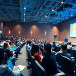 Attendees engaging passionately at a startup innovation conference, sparking new ideas.