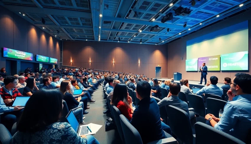 Attendees engaging passionately at a startup innovation conference, sparking new ideas.