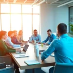 Team collaborating on an effective press release distribution strategy in a vibrant conference setting.