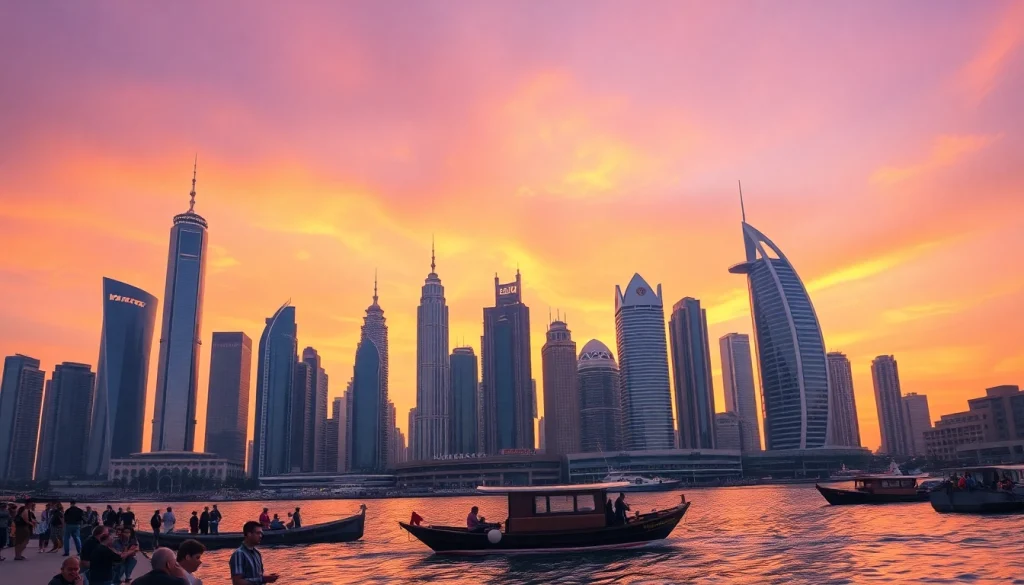 Discover the vibrant skyline and waterfront of Citylifedubai.com during sunset, showcasing its lively atmosphere.