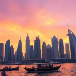 Discover the vibrant skyline and waterfront of Citylifedubai.com during sunset, showcasing its lively atmosphere.