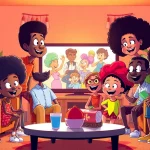 A lively family room scene showcasing diverse African American cartoons characters in a warm, colorful setting.